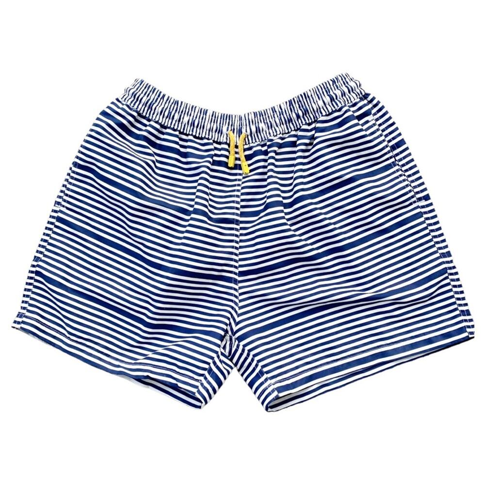 Palmacea Men’s Nautical Navy Yellow Striped Swim Trunks Shorts Preppy XL Beach